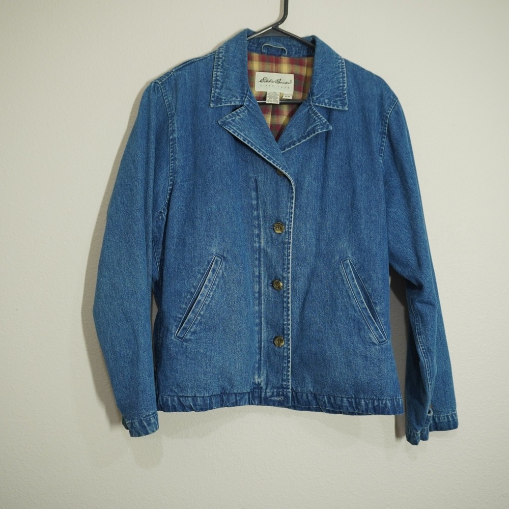Vintage Denim Chore Jacket Eddie Bauer Size Medium Plaid Flannel Lined Barn Coat